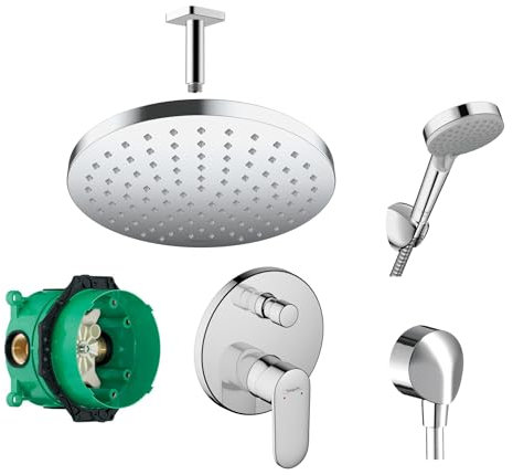 Hansgrohe Duschsystem mit Unterputz Duscharmatur von Hansgrohe Regendusche mit Armatur, Duschkopf rund, Deckenarm Dusch-SET HGK08 poliert