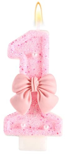 Pink Bow Birthday Candle, Shiny Bow Pearl Sequins Happy Birthday Number First Candles Perfect 1st Cakes Toppers Decorations for Celebration Party Wedding Graduation (Number 1)