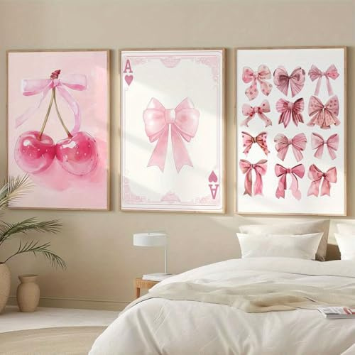 AQCQDQ 3er Rosa Poster Set, Ästhetische Rosa Fliege Kirsche Wandbilder, Poster Aesthetic Room Decor Room Deco Für Schlafsaal Teen Mädchen Zimmer Deko,Ohne Rahmen (21 x 30 CM)