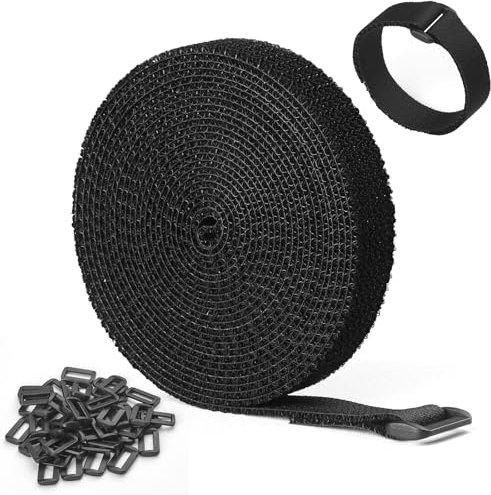 Uniclife Adjustable Cable Straps with 50 Buckles, 5 m x 2 cm Nylon Straps, Hook and Loop Straps, Reusable Fastening Cable Ties, Black Heavy Duty Cord Organizer for Securing Wires Storage and Binding