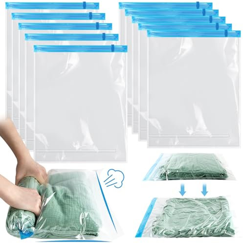 AOOWU Sacchetti Sottovuoto Vestiti, 10 Pezzi 40x60 cm Sacchi Sottovuoto di Rotolo a Mano, Riutilizzabili Sacchetti Salvaspazio, Borse da Viaggio per Traslochi e Viaggi, Pompa Senza Bisogno