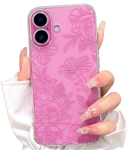 NITITOP Cover per iPhone 16 Carino Trasparente Rosa Fiore, Rosa | per Donne Ragazze, Disegno Grazioso Floreale a Linea, TPU Morbido Antiurto, Bordo Rialzato Protezione Fotocamera