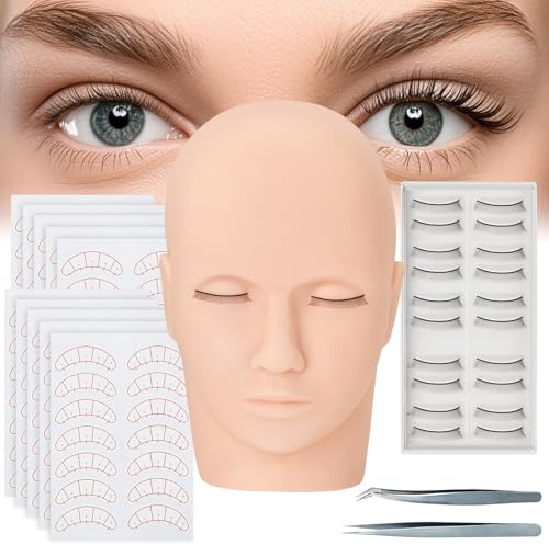 Lash Eyelash Extension Kit, Lashes Extension Practice Set with Silicone Mannequin Head, 10 Pairs of Practice Lashes & Mapping Paper, 2 Blue Tweezers, Lash Training Supplies for Beginners