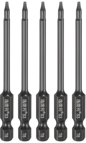 sourcing map 5pcs T6 Sicurezza Torx Testa Cacciavite Bit 1/4 Hex Shank 3 (75mm) Lungo Magnetico Senza Foro A Prova di Manomissione 6 Point Star Screw Driver Drill Bit S3 Acciaio Lucido A Specchio