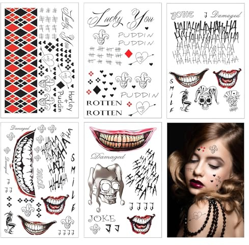 5 Blatt Halloween Joker Tattoos, Joker Gesichtstattoos, Fake Joker Tattoo Gesicht für Halloween Party Cosplay Karneval Fasching Accessoires