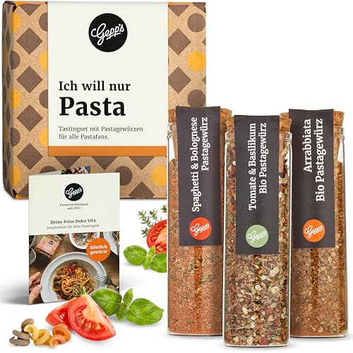 Gepp’s Feinkost 3er Mini Set Pasta I Gewürz-Set für Pasta-Liebhaber | Set mit feinen Gewürzmischungen I Bio-Gewürze für jede Küche I Bio Tomate-Basilikum, Arrabiata & Spaghetti Gewürz