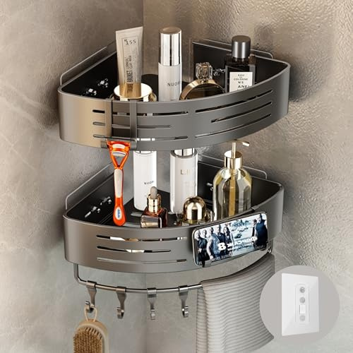 Voldra Duschablage Ohne Bohren Ecke, Duschregal Ecke Badregal Edelstahl Duschkorb Bad Zum Kleben Badezimmer Regal Duschablage Eckregal Mit 8 Abnehmbaren Haken Und Handtuchhalter（2 Stück, Grau