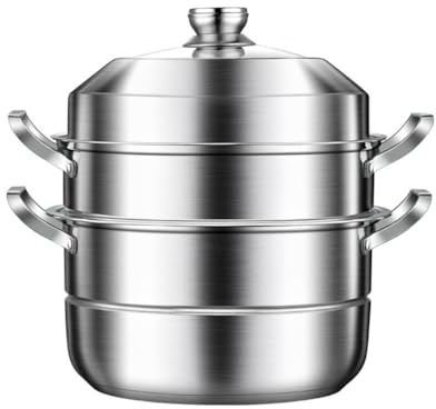 AIZYR Stainless Steel Steamer Pot 3 Tier Steam Pot, Stockpot Steamer Set with Lid Induction Stew Cooking Pot for Seafood, Dumpling, Soup, Food,28cm