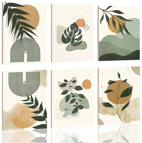 Mulaibdin 6 st. canvasbilder i set grön, väggmålningar vardagsrum modern abstrakt, boho-bilder på duk, salvia, målning, affischset för sovrum, halldekoration, gåva (30 x 40 cm, B)