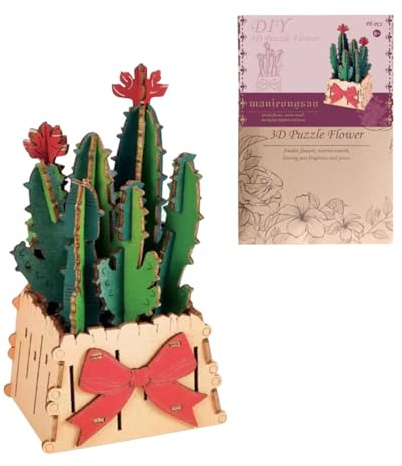 3D Wooden Cactus Puzzles, Wooden Artificial Flower DIY Model Kit for Adults to Build, Exquisite Ornament and Gift (Kit Version/46+PCS)