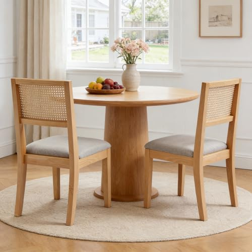 Relbiety Esszimmerstühle 2er Set mit Rattan Rückenlehne Sitzfläche aus Leinen,Polsterstuhl ohne Armlehnen Küchenstuhl mit Holzbeinen für Esszimmer,Küche,Wohnzimmer,Grau