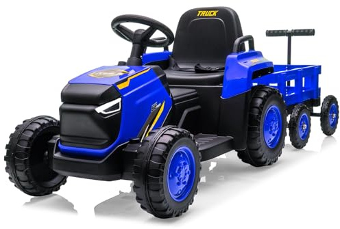 Elektrisk traktor för barn, 12 V, med avtagbar trailer, 3 hastigheter, dubbel motor, med fjärrkontroll, elbil för barn med LED-strålkastare, musik, horn för 3–8 år