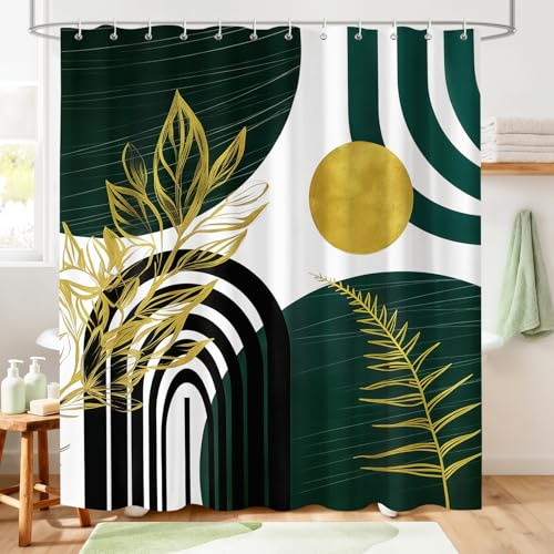 Hopomoon Duschvorhang Boho 180x180 cm Mid-Century Modern Textil Badvorhang Anti-Schimmel Wasserabweisend Abstrakt Geometrisch Duschvorhang Polyester mit 12 Ringen für Badezimmer Deko Dunkelgrün Gold