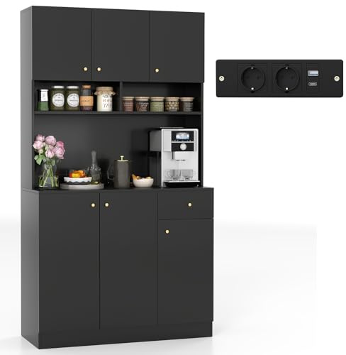 COSTWAY Küchenschrank Holz, Buffetschrank mit Steckdosen & USB-Anschlüsse & Type C, Hochschrank hoch mit verstellbaren Regalen, Aufbewahrungsschrank für Küche Wohnzimmer, 100 x 40 x 181 cm, Schwarz