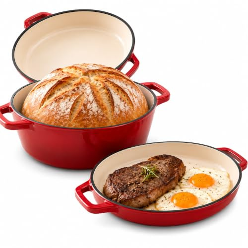 Cacerola de hierro fundido de 5,7 L, esmaltado con tapa, olla para hornear pan, masa madre, carne estofada, apta para inducción, color rojo