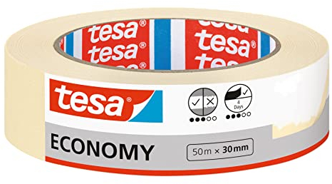 tesa Malerband ECONOMY - Vielseitiges Klebeband für Malerarbeiten ohne Lösungsmittel - Bis zu 4 Tage nach Gebrauch rückstandslos entfernbar, 50 m x 30 mm