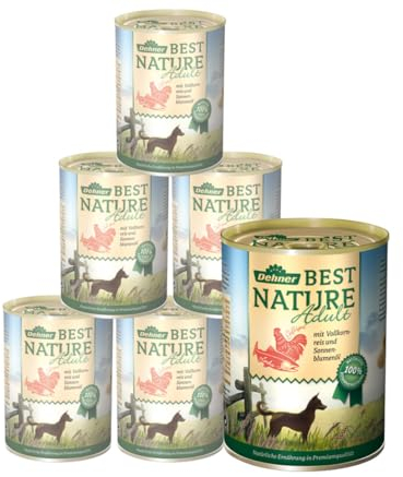 Dehner Best Nature Hundefutter, Nassfutter getreidefrei, für ausgewachsene Hunde, Lachs / Geflügel / Reis, 6 x 400 g Dose (2.4 kg)