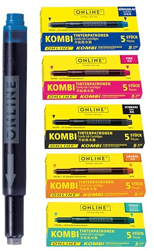 ONLINE 25x kompatible LAMY Patronen bunt, auch für Pelikan, Stabilo etc., Universal Tintenpatronen, Füller Patronen, Vorteilspack Kombi Patrone, mehrfarbige Ersatz-Patronen Füllhalter