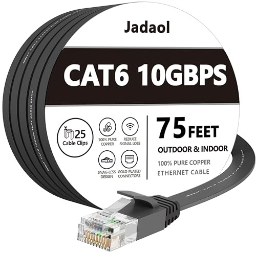 Cat 6 Ethernet Cable 75 ft, Long flat Internet Network Lan patch cord, faster than Cat5e/Cat5, Solid Cat6 High Speed Computer RJ45 Wire for Modem, Router, PS4, Xbox, Switch, Camera, TV box, Hub,Black