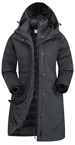 Mountain Warehouse Alaskan Womens 3 In 1 Long Jacket - Waterproof, Breathable, Adjustable Raincoat, Detachable Inner Coat & Taped Seams - Spring Summer, Outdoors Jet Black Women's Size 18