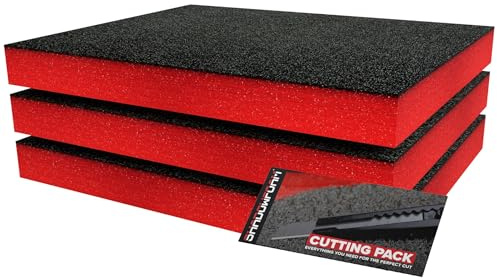 Skuggskum litet paket 3 st – skuminsatser kit för verktygslåda organisering – 40 x 32 cm gör-det-själv Cut & Peel skumark för verktygslådor och verktygslagringssystem – röd (50 mm djup)