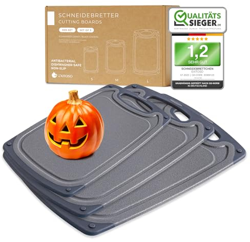 Exitoso Frühstücksbrettchen 3er Set mit Saftrille & Griff aus Kunststoff | Rutschfestes & spülmaschinenfestes Schneidebrett | Antibakterielles Brettchen Set | BPA-Frei & beidseitig verwendbar