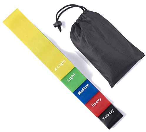 FiduSport Widerstandsbänder - 100% Naturlatex Fitnessband inkl. Gymnastikband - Tragetasche für Muskelaufbau Workout - Für Yoga, Crossfit, Gymnastik, und Krafttraining | 5er Set