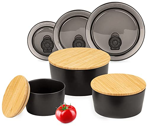 Moritz & Moritz 3x Vorratsdosen mit Deckel aus Porzellan – 6x Deckel aus Bambus und Kunststoff – Schwarze Vorratsdosen Porzellan – Für Mehl, Kaffee, Müsli oder Badutensilien