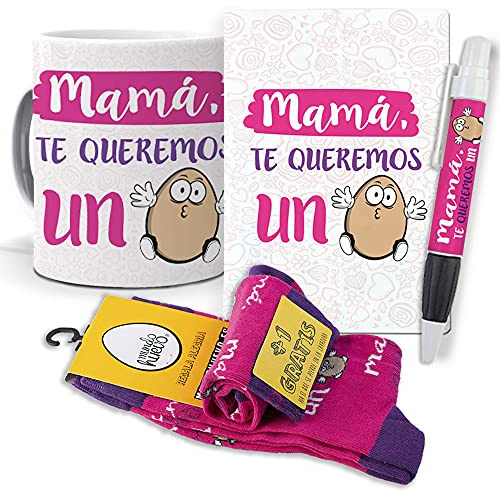 mundohuevo Super Regalo Personalizado Dia de la Madre. Mamá te Queremos un Huevo. Taza, libreta, boli y Trio de Calcetines