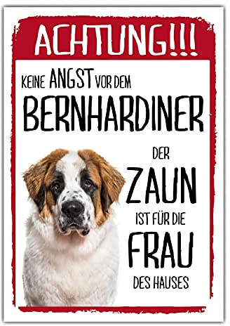 Bernhardiner Schild Achtung Zaun Frau Spruch Türschild Hundeschild Warnschild Geschenkidee lustiger Spruch Hundemotiv Aluminium Wetterfestes Hundeschild