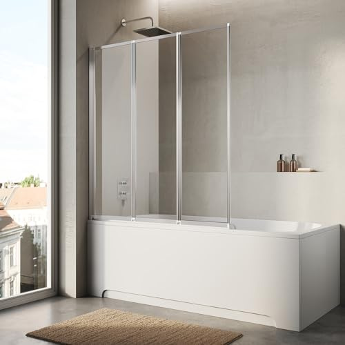 SONNI Duschwand für Badewanne, 13H-130x140 cm, 6 mm ESG,3-teilig,Vollrahmen | Stabiler Vollrahmen, 3-teilig faltbar, platzsparend zusammenklappbar, komfortabler Spritzschutz für die Badewanne