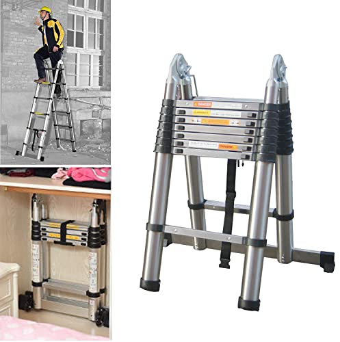 Scala pieghevole telescopica 1,9+1,9m in acciaio inossidabile, allungabile, appoggiabile, portatile, antiscivolo, scala a soppalco con 6+6 gradini, portata 150 kg, EN131