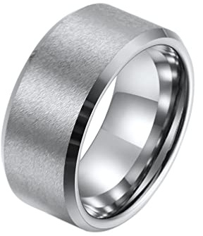HIJONES Herren Wolfram Gebürstet Matt Silber Ring Comfort Fit Ehering 10Mm Abgeschrägte Kante Größe 70