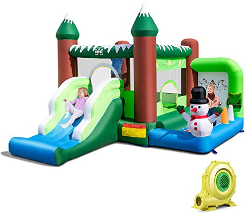 COSTWAY Kids Bouncy Castle, Inflatable Bounce House with Blower, Slide, Ball Pit, Basketball Hoop and Carrying Bag, Children Winter Themed Snowman Blow Up Jumper