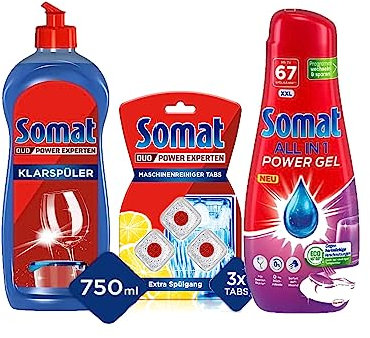 Somat All in 1 Power Gel (67 Spülgänge) kraftvolle Reinigung, Eco-Programm & Somat Maschinenreiniger Tabs Anti-Kalk (3 WL) & Klarspüler verleiht Geschirr Extra-Glanz | 750 ml