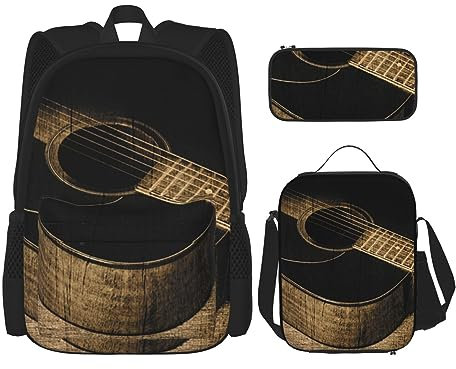 Old West Gitarren-Rucksack-Set, 3-teilig, mit Lunchtasche, Federmäppchen, Reisetasche, Tagesrucksack, Lunch-Tasche, Federtasche, Kombination, Schwarz , Einheitsgröße, Daypack Rucksäcke