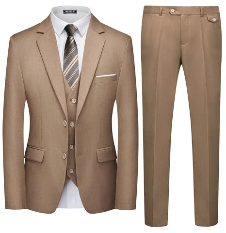 WULFUL Men's 3 Piece Slim Fit Suit Set Two Button Blazer Jacket Vest Pants Tuxedo Set for Party, Wedding and Business Light Brown