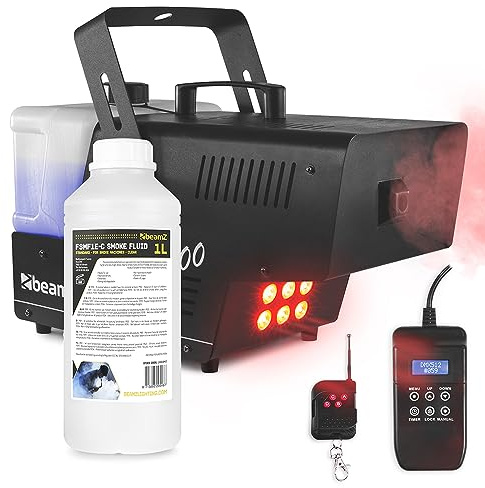 beamz Rage1500LED Smoke Machine with Lights - 1500W RGB LED Fog Machine, DMX Control, Wireless Timer Remote & 1L Odourless Fluid for DJ Events, Weddings, Stage, Halloween Party Effects