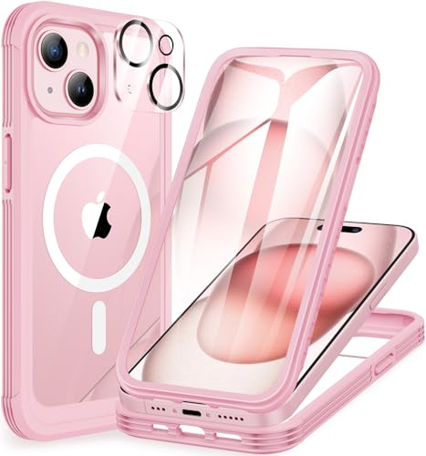 CENHUFO für iPhone 15 Hülle, Kompatibel mit MagSafe Eingebautem Panzerglas Displayschutz und Kamera Schutzfolie 360 Grad Schutzhülle Stoßfest Cover Case Magnetisch Handyhülle iPhone 15 - Rosa