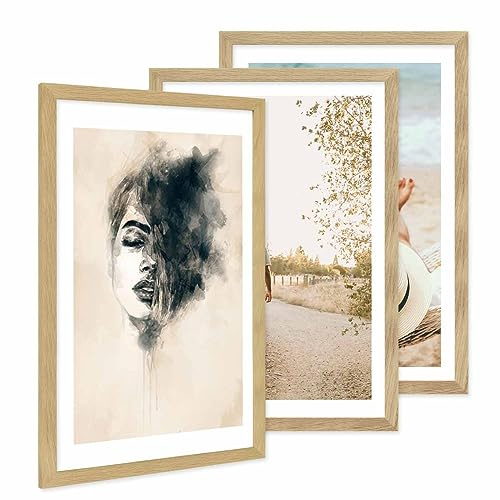 PHOTOLINI Bilderrahmen 40x60 Eiche Holz, 3er Set breite 40x60 cm Bilderrahmen mit bruchsicheres Acrylglas, Rahmen 60x40 Eiche zum Aufhängen & Zubehör - Fotorahmen als stilvolle Wanddekoration
