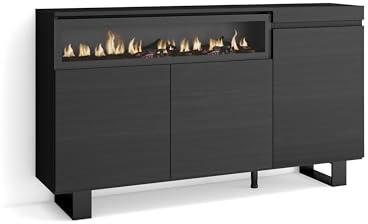 Skraut Home | Aparadores para salón | Gran Capacidad de almacenaje | 150x87x35cm | 3 Puertas | Chimenea eléctrica | Diseño Industrial | Estilo Moderno | Negro