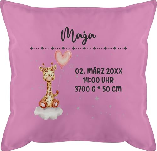 Kissen 50x50 - Geburtsgeschenk Giraffe Datum Uhrzeit Gewicht Größe I Geschenk zur Geburt personalisiert - 50 x 50 cm - Pink - geburtskissen namenskissen Baby neugeboren Giraffen kopfkissen