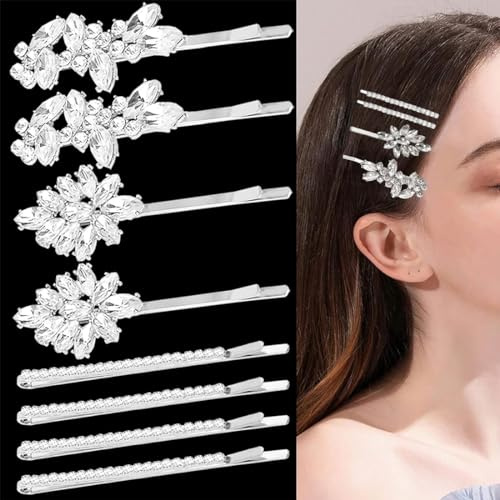 Set di 8 Fermagli Strass per Capelli - eleganti accessori per Sposa e Damigella d'onore. Perni decorati con diamanti adatti a Ragazze. Colore Argento.