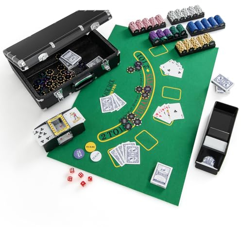 GOPLUS 600 Stück Pokerset, Pokerkoffer mit 2 Kartendecks & 5 Würfel & 3 Dealer-Buttons & Pokertuch & Automatischer Kartenmischer & Kartengeber, Texas Holdem Poker Set für Blackjack (600 Chips)