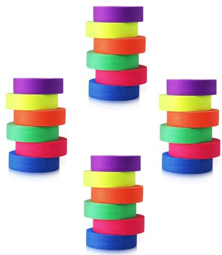 Lot de 6 rubans adhésifs fluorescents réactifs à la lumière noire, 1,5 cm x 5,9 m par rouleau, ruban décoratif néon à lumière noire avec fournitures de fête phosphorescentes