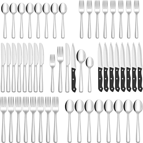 Ménagère de 48 pièces en acier inoxydable avec couteaux à steak pour 8 personnes