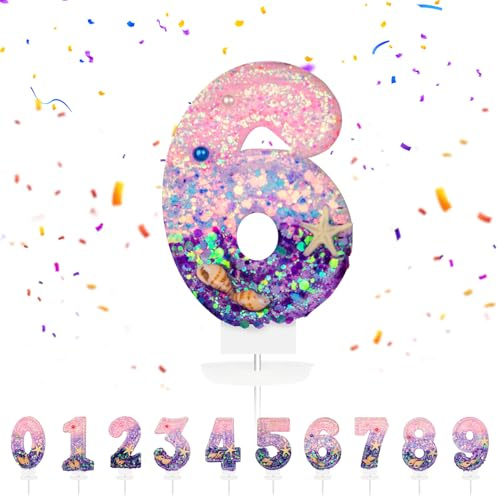 Geburtstagskerzen Zahlen 6, Meerjungfrau Geburtstag Kerzen 6 Zahlenförmige Kerze, 3D Tortendeko, kuchen Dekoration für Geburtstag Party, Hochzeiten, Firmenfeiern, Jubiläen, Birthday Candle Nummer