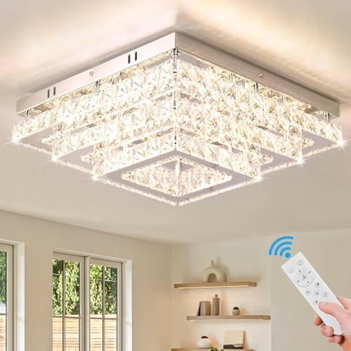 Finktonglan Plafonnier LED Cristal Carré 38 cm – Lustre Moderne Semi-Encastré 3 Niveaux en Acier Inoxydable avec LED Intégrées, Blanc Froid 6500K, Éclairage Salon Chambre Salle à Manger