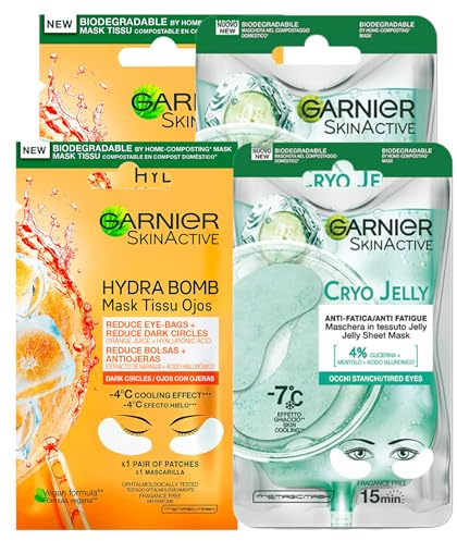 Garnier SkinActive Hydra Bomb Masque pour les yeux contre les cernes, avec jus d'orange et acide hyaluronique, 4 patchs + Masque pour les yeux Cryo Jelly, effet anti-âge, avec glycérine et menthol, 4