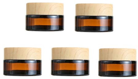 5Pcs 20g Amber Glass Jars With Plastic Wood Grain Lids Refillable Empty Cosmetic Containers For Cream Lotion Lip Balm DIY Skincare Sample Storage